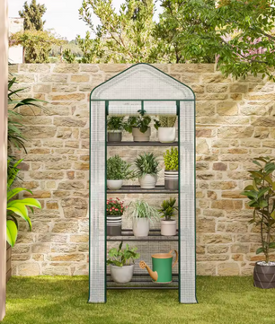 Compacte Tuinkas met Wielen en Oprolbare Deur – 3 Planken, Winterbescherming voor Buiten, Balkon en Tuin, 70x50x130 cm