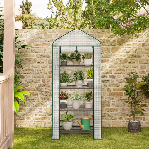 Compacte Tuinkas met Wielen en Oprolbare Deur – 3 Planken, Winterbescherming voor Buiten, Balkon en Tuin, 70x50x130 cm