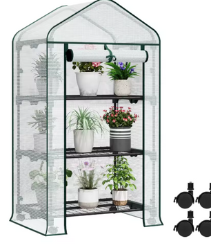 Compacte Tuinkas met Wielen en Oprolbare Deur – 3 Planken, Winterbescherming voor Buiten, Balkon en Tuin, 70x50x130 cm