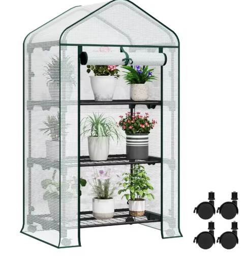 Compacte Tuinkas met Wielen en Oprolbare Deur – 3 Planken, Winterbescherming voor Buiten, Balkon en Tuin, 70x50x130 cm