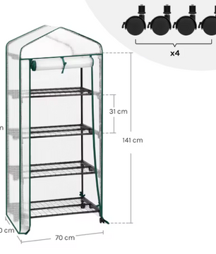 Compacte Tuinkas met Wielen en Oprolbare Deur – 3 Planken, Winterbescherming voor Buiten, Balkon en Tuin, 70x50x130 cm