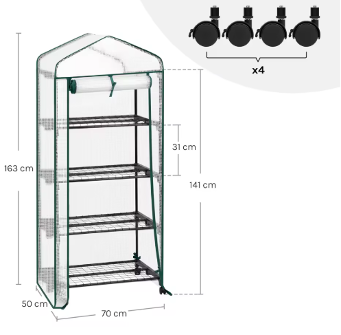 Compacte Tuinkas met Wielen en Oprolbare Deur – 3 Planken, Winterbescherming voor Buiten, Balkon en Tuin, 70x50x130 cm