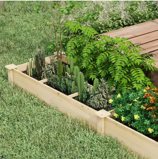 Verhoogd Tuinbed met 2 Vakken – Grote Plantenbak voor Bloemen, Kruiden en Groenten, Natuurlijk Hout – 237x60x25 cm