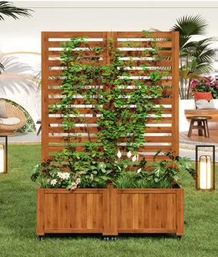 Buitenplanter met Traliewerk als Klimhulp – Massief Houten Bloembak met Wielen voor Tuin, Terras en Balkon