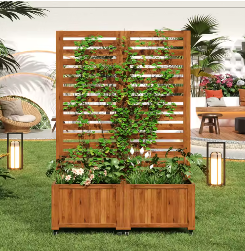 Buitenplanter met Traliewerk als Klimhulp – Massief Houten Bloembak met Wielen voor Tuin, Terras en Balkon