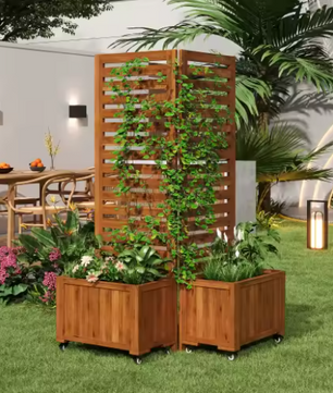 Buitenplanter met Traliewerk als Klimhulp – Massief Houten Bloembak met Wielen voor Tuin, Terras en Balkon