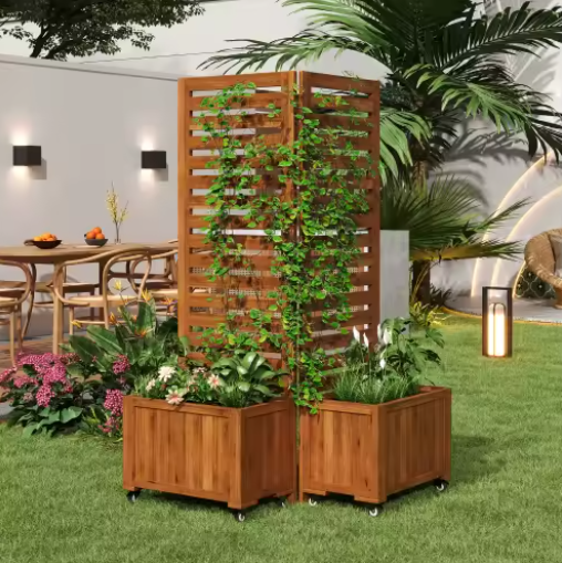 Buitenplanter met Traliewerk als Klimhulp – Massief Houten Bloembak met Wielen voor Tuin, Terras en Balkon