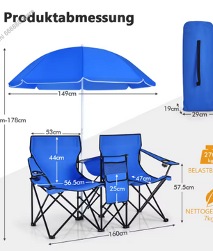 2-Zits Campingstoel met Parasol, Koeltas en Bekerhouder – Opvouwbare Visstoel met Draagtas