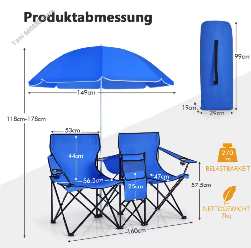 2-Zits Campingstoel met Parasol, Koeltas en Bekerhouder – Opvouwbare Visstoel met Draagtas