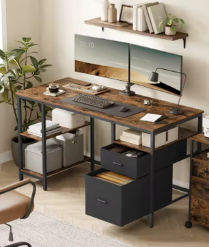 Bureau met 3 Planken & 2 Lades – 60×140×76 cm, Industrieel en Functioneel
