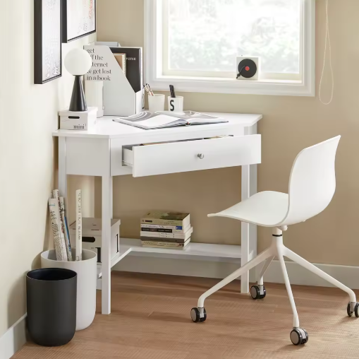 Compact Hoekbureau met Lade & Plank – 76×76 cm Werkblad