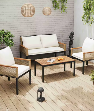 Tuin Lounge Set – 3-delige Tuinmeubelset met Kussens, Dubbele Bank, 2 Fauteuils en Salontafel – Polyrattan en Acaciahout, Weerbestendig en Comfortabel voor Buiten