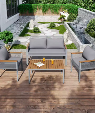 Tuin Lounge Set – 3-delige Tuinmeubelset met Kussens, Dubbele Bank, 2 Fauteuils en Salontafel – Polyrattan en Acaciahout, Weerbestendig en Comfortabel voor Buiten