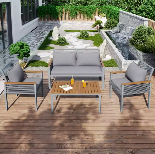 Tuin Lounge Set – 3-delige Tuinmeubelset met Kussens, Dubbele Bank, 2 Fauteuils en Salontafel – Polyrattan en Acaciahout, Weerbestendig en Comfortabel voor Buiten