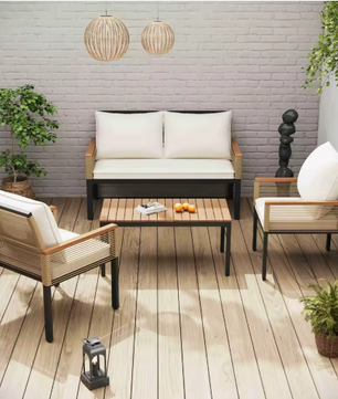 Tuin Lounge Set – 3-delige Tuinmeubelset met Kussens, Dubbele Bank, 2 Fauteuils en Salontafel – Polyrattan en Acaciahout, Weerbestendig en Comfortabel voor Buiten