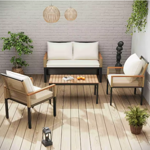 Tuin Lounge Set – 3-delige Tuinmeubelset met Kussens, Dubbele Bank, 2 Fauteuils en Salontafel – Polyrattan en Acaciahout, Weerbestendig en Comfortabel voor Buiten