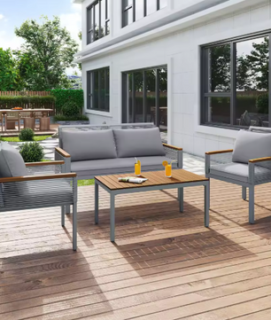 Tuin Lounge Set – 3-delige Tuinmeubelset met Kussens, Dubbele Bank, 2 Fauteuils en Salontafel – Polyrattan en Acaciahout, Weerbestendig en Comfortabel voor Buiten