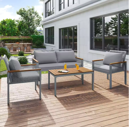 Tuin Lounge Set – 3-delige Tuinmeubelset met Kussens, Dubbele Bank, 2 Fauteuils en Salontafel – Polyrattan en Acaciahout, Weerbestendig en Comfortabel voor Buiten