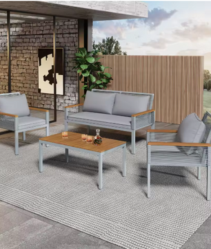 Tuin Lounge Set – 3-delige Tuinmeubelset met Kussens, Dubbele Bank, 2 Fauteuils en Salontafel – Polyrattan en Acaciahout, Weerbestendig en Comfortabel voor Buiten