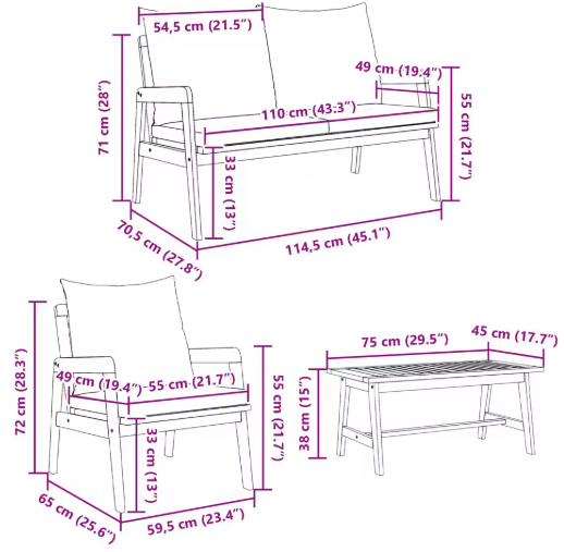 Set van 3 Buitenbanken met Melkwit Acaciahout en Polyester Kussens – Stijlvolle Tuinmeubelset voor Balkon, Patio of Tuin