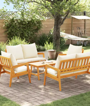 Set van 3 Buitenbanken met Melkwit Acaciahout en Polyester Kussens – Stijlvolle Tuinmeubelset voor Balkon, Patio of Tuin