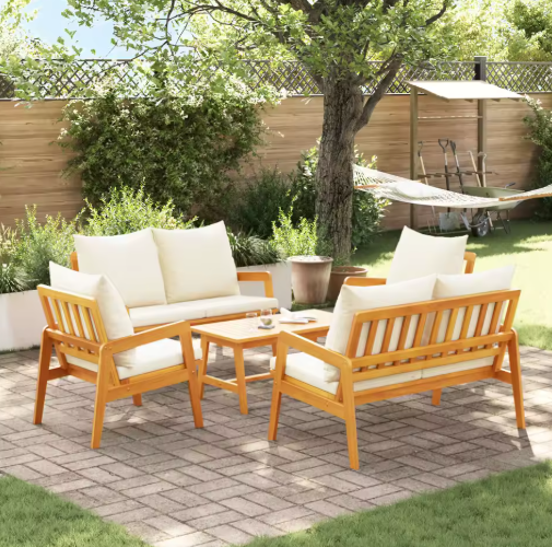 Set van 3 Buitenbanken met Melkwit Acaciahout en Polyester Kussens – Stijlvolle Tuinmeubelset voor Balkon, Patio of Tuin