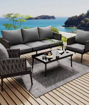 Tuinloungestoelset – 2 Fauteuils en Salontafel met Glazen Tafelblad, Touwarmleuningen, Gegalvaniseerd Staal en Kussens
