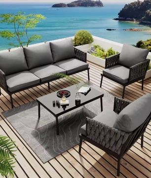 Tuinloungestoelset – 2 Fauteuils en Salontafel met Glazen Tafelblad, Touwarmleuningen, Gegalvaniseerd Staal en Kussens
