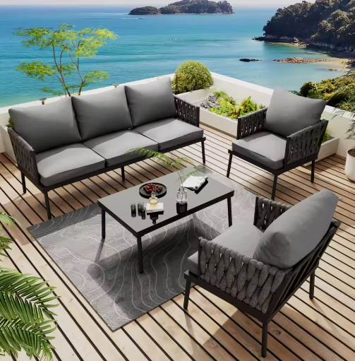 Tuinloungestoelset – 2 Fauteuils en Salontafel met Glazen Tafelblad, Touwarmleuningen, Gegalvaniseerd Staal en Kussens