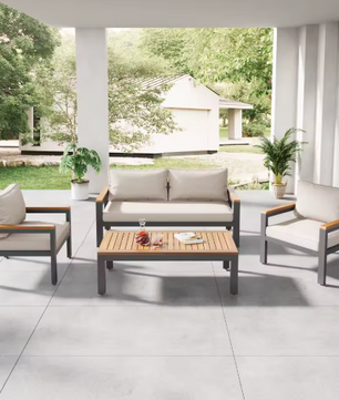 Sectionele Terrasmeubelset – 3-delige Bank, Fauteuil en Tafel voor Tuin en Terras, Beige