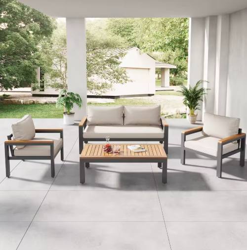 Sectionele Terrasmeubelset – 3-delige Bank, Fauteuil en Tafel voor Tuin en Terras, Beige