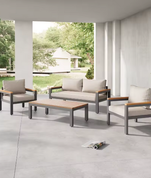 Sectionele Terrasmeubelset – 3-delige Bank, Fauteuil en Tafel voor Tuin en Terras, Beige