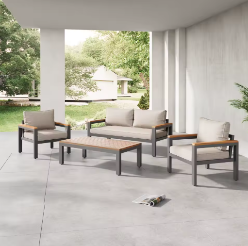 Sectionele Terrasmeubelset – 3-delige Bank, Fauteuil en Tafel voor Tuin en Terras, Beige
