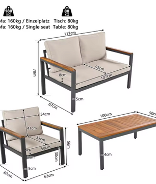 Sectionele Terrasmeubelset – 3-delige Bank, Fauteuil en Tafel voor Tuin en Terras, Beige