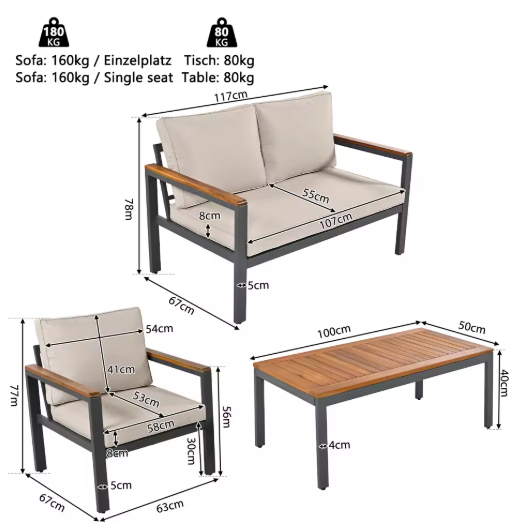 Sectionele Terrasmeubelset – 3-delige Bank, Fauteuil en Tafel voor Tuin en Terras, Beige