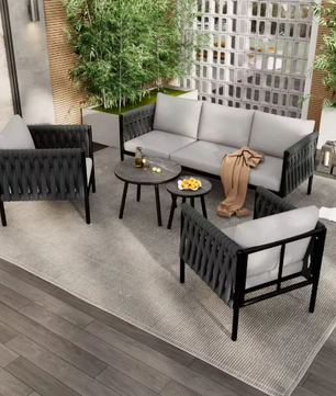 5-Persoons Tuinmeubelset – 3-Zits Bank, 2 Fauteuils en 2 Salontafels met Kussens, Weerbestendig Gegalvaniseerd Staal en Marmerglazen Tafel