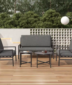 4-delige Outdoor Bankstel – Weerbestendig Metalen Frame met Verwijderbare Grijze Kussens, 2 Koffietafels voor Tuin en Terras