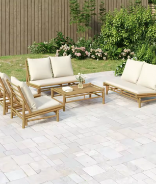 Garden Loungeset met Crèmewit Bamboe Kussen – Modulaire Buitenbankset met Salontafel voor Tuin, Terras en Balkon