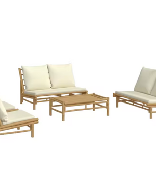 Garden Loungeset met Crèmewit Bamboe Kussen – Modulaire Buitenbankset met Salontafel voor Tuin, Terras en Balkon