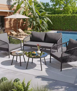 Rope Tuinloungeset – Moderne Buitenbankset met Glazen Tafel en Kussens voor Tuin, Terras en Balkon