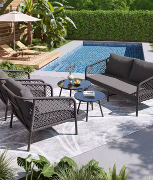 Rope Tuinloungeset – Moderne Buitenbankset met Glazen Tafel en Kussens voor Tuin, Terras en Balkon
