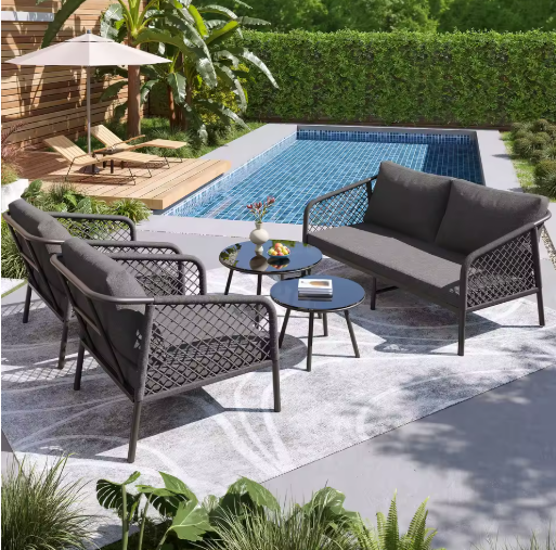 Rope Tuinloungeset – Moderne Buitenbankset met Glazen Tafel en Kussens voor Tuin, Terras en Balkon