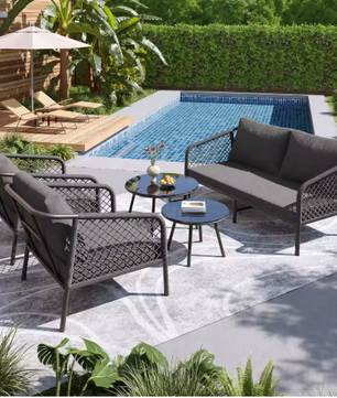 Rope Tuinloungeset – Moderne Buitenbankset met Glazen Tafel en Kussens voor Tuin, Terras en Balkon