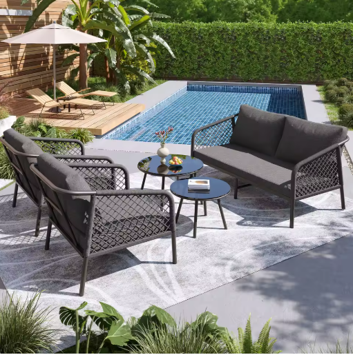 Rope Tuinloungeset – Moderne Buitenbankset met Glazen Tafel en Kussens voor Tuin, Terras en Balkon