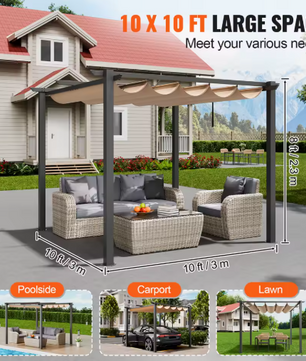 Intrekbare Pergola 3 x 3 m met Luifel – Aluminium Frame, Verstelbare Schaduw, UV-bescherming en Waterdichte Dak voor Tuin en Terras