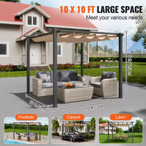 Intrekbare Pergola 3 x 3 m met Luifel – Aluminium Frame, Verstelbare Schaduw, UV-bescherming en Waterdichte Dak voor Tuin en Terras