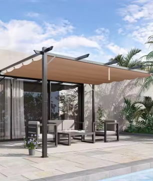 Paviljoen 3 x 4 m met Verstelbaar Aluminium Stoffen Dak – Zonwerende Luifel voor Terras en Tuin, Grijs en Bruin