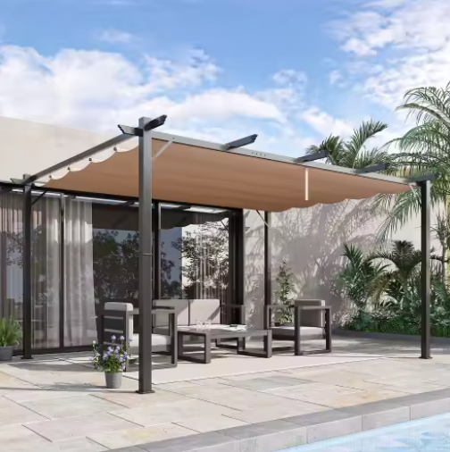 Paviljoen 3 x 4 m met Verstelbaar Aluminium Stoffen Dak – Zonwerende Luifel voor Terras en Tuin, Grijs en Bruin