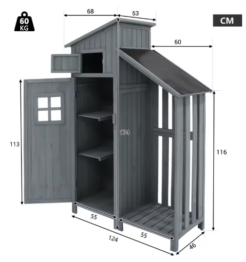 Houten Tuinkast met Planken – Gereedschapskast voor Buiten, Waterdicht, 124x46x174 cm