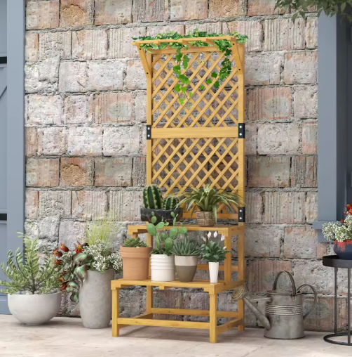 Houten Plantenstandaard met Trellis & Dak – 2 Niveaus, 166 cm Hoog